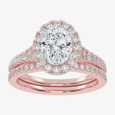 Modern Bride (g-h / Vs2-si1) Womens 1 1/2 Ct. T.w. Lab Grown White Diamond 14k Rose Gold Oval Side Stone Halo Bri In Pink