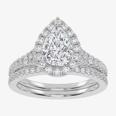 Modern Bride (g-h / Vs2-si1) Womens 1 1/2 Ct. T.w. Lab Grown White Diamond 14k Rose Gold Pear Side Stone Halo Bri In Silver