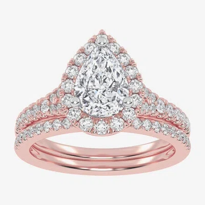 Modern Bride (g-h / Vs2-si1) Womens 1 1/2 Ct. T.w. Lab Grown White Diamond 14k Rose Gold Pear Side Stone Halo Bri In Multi