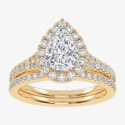 Modern Bride (g-h / Vs2-si1) Womens 1 1/2 Ct. T.w. Lab Grown White Diamond 14k Rose Gold Pear Side Stone Halo Bri