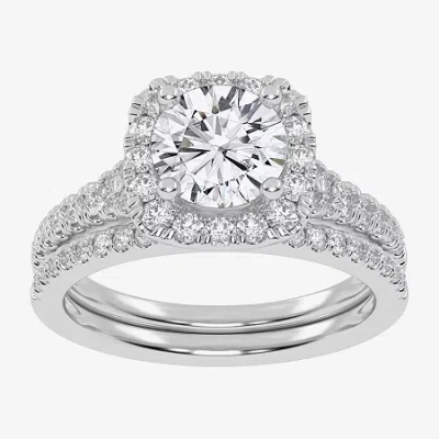 Modern Bride (g-h / Vs2-si1) Womens 1 1/2 Ct. T.w. Lab Grown White Diamond 14k Rose Gold Round Side Stone Halo Br In Silver