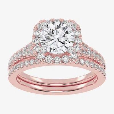 Modern Bride (g-h / Vs2-si1) Womens 1 1/2 Ct. T.w. Lab Grown White Diamond 14k Rose Gold Round Side Stone Halo Br In Pink