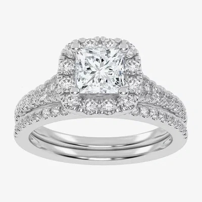 Modern Bride (g-h / Vs2-si1) Womens 1 1/2 Ct. T.w. Lab Grown White Diamond 14k Rose Gold Side Stone Halo Bridal S In Silver
