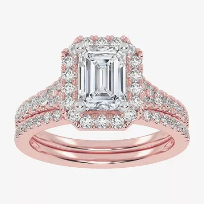 Modern Bride (g-h / Vs2-si1) Womens 1 1/2 Ct. T.w. Lab Grown White Diamond 14k Rose Gold Side Stone Halo Bridal S In Pink