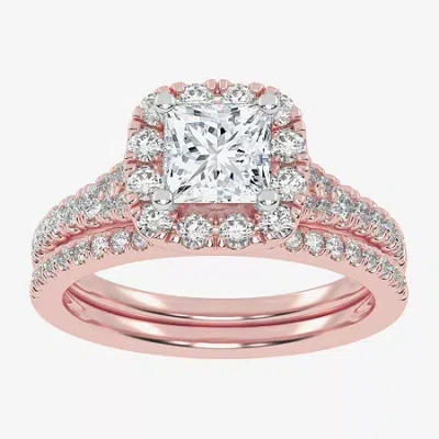 Modern Bride (g-h / Vs2-si1) Womens 1 1/2 Ct. T.w. Lab Grown White Diamond 14k Rose Gold Side Stone Halo Bridal S In Pink
