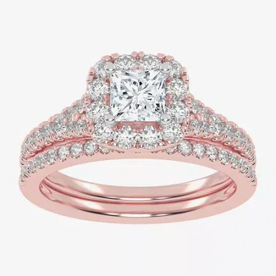 Modern Bride (g-h / Vs2-si1) Womens 1 Ct. T.w. Lab Grown White Diamond 10k Rose Gold Cushion Side Stone Halo Brid In Pink