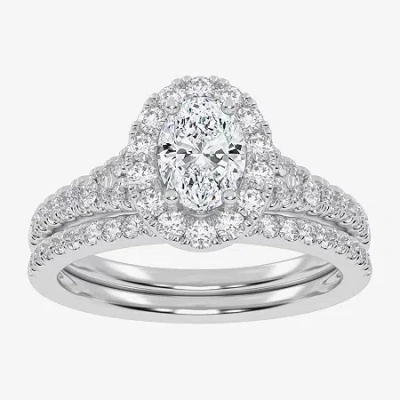 Modern Bride (g-h / Vs2-si1) Womens 1 Ct. T.w. Lab Grown White Diamond 10k Rose Gold Oval Side Stone Halo Bridal  In Silver