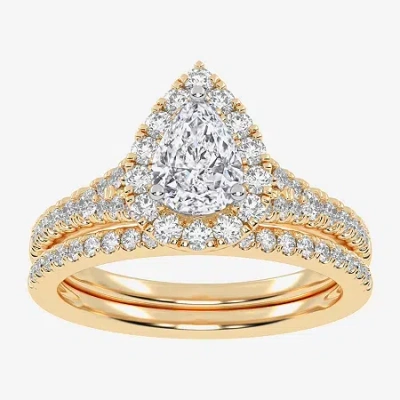 Modern Bride (g-h / Vs2-si1) Womens 1 Ct. T.w. Lab Grown White Diamond 10k Rose Gold Pear Side Stone Halo Bridal 