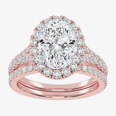 Modern Bride (g-h / Vs2-si1) Womens 2 3/4 Ct. T.w. Lab Grown White Diamond 14k Rose Gold Oval Side Stone Halo Bri In Pink