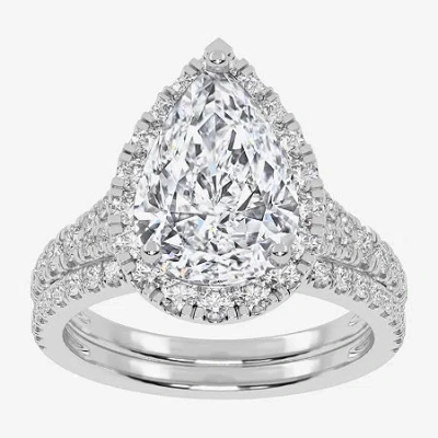 Modern Bride (g-h / Vs2-si1) Womens 2 3/4 Ct. T.w. Lab Grown White Diamond 14k Rose Gold Pear Side Stone Halo Bri In Silver