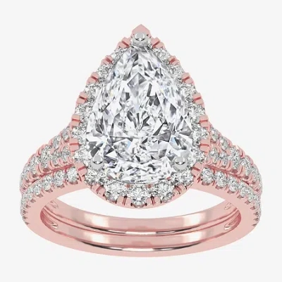 Modern Bride (g-h / Vs2-si1) Womens 2 3/4 Ct. T.w. Lab Grown White Diamond 14k Rose Gold Pear Side Stone Halo Bri In Pink