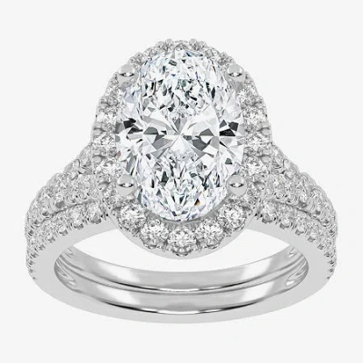 Modern Bride (g-h / Vs2-si1) Womens 3 3/4 Ct. T.w. Lab Grown White Diamond 14k Rose Gold Oval Side Stone Halo Bri In Silver