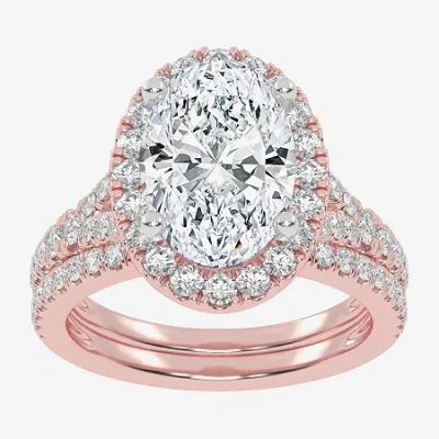 Modern Bride (g-h / Vs2-si1) Womens 3 3/4 Ct. T.w. Lab Grown White Diamond 14k Rose Gold Oval Side Stone Halo Bri In Pink