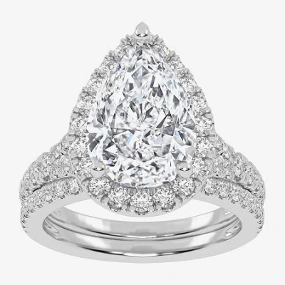 Modern Bride (g-h / Vs2-si1) Womens 3 3/4 Ct. T.w. Lab Grown White Diamond 14k Rose Gold Pear Side Stone Halo Bri In Silver