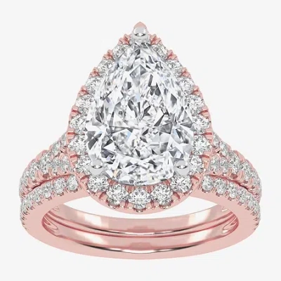 Modern Bride (g-h / Vs2-si1) Womens 3 3/4 Ct. T.w. Lab Grown White Diamond 14k Rose Gold Pear Side Stone Halo Bri