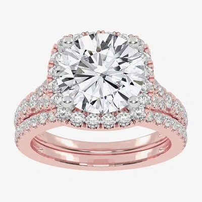 Modern Bride (g-h / Vs2-si1) Womens 3 3/4 Ct. T.w. Lab Grown White Diamond 14k Rose Gold Round Side Stone Halo Br In Pink