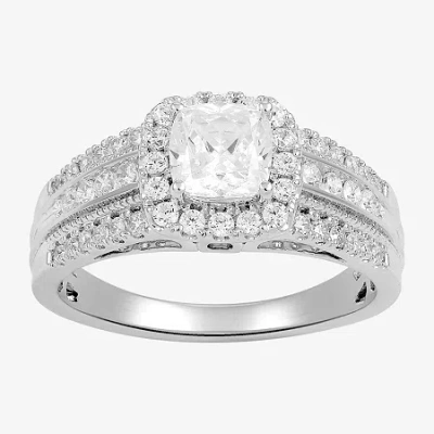 Modern Bride (g / I1) Womens 1 1/2 Ct. T.w. Lab Grown White Diamond 10k Gold Cushion Side Stone Halo Engagement R In Silver