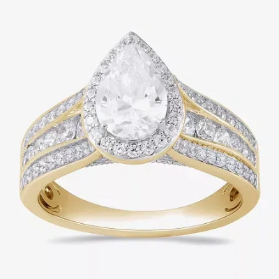 Modern Bride (g / I1) Womens 2 Ct. T.w. Lab Grown White Diamond 10k Gold Pear Side Stone Halo Engagement Ring In Yellow