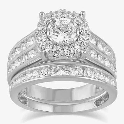 Modern Bride (g / I1) Womens 2 Ct. T.w. Lab Grown White Diamond 10k Gold Round Side Stone Engagement Ring