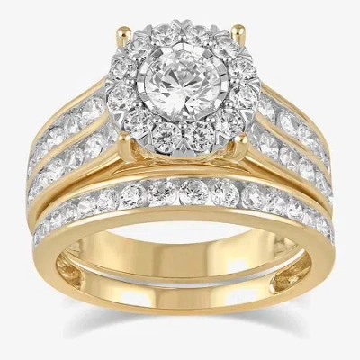 Modern Bride (g / I1) Womens 2 Ct. T.w. Lab Grown White Diamond 10k Gold Round Side Stone Engagement Ring In Yellow