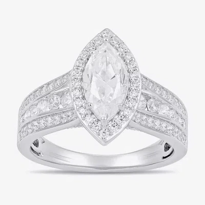 Modern Bride (g / I1) Womens 2 Ct. T.w. Lab Grown White Diamond 10k White Gold Marquise Side Stone Halo Engagemen In Metallic