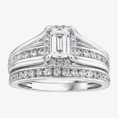 Modern Bride (g / Si1-si2) Womens 1 1/2 Ct. T.w. Lab Grown White Diamond 10k Gold Side Stone Halo Bridal Set In Silver