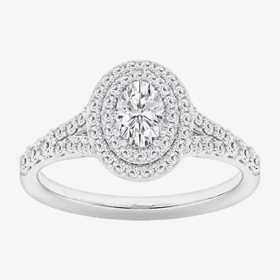 Modern Bride (g / Si1-si2) Womens 1 Ct. T.w. Lab Grown White Diamond 10k Gold Oval Side Stone Halo Engagement Rin In Silver