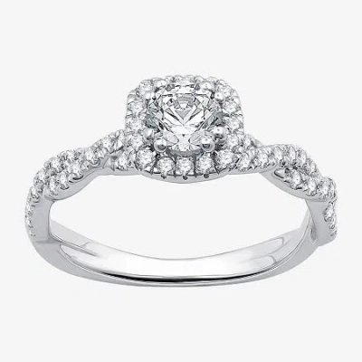 Modern Bride (g / Si1-si2) Womens 1 Ct. T.w. Lab Grown White Diamond 10k White Gold Cushion Side Stone Halo Engag In Silver