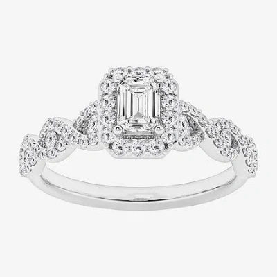 Modern Bride (g / Si1-si2) Womens 1 Ct. T.w. Lab Grown White Diamond 10k White Gold Side Stone Halo Engagement Ri In Silver