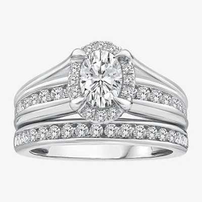 Modern Bride (g / Si1-si2) Womens 1 1/2 Ct. T.w. Lab Grown White Diamond 10k Gold Oval Side Stone Halo Bridal Set
