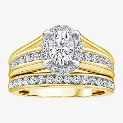 Modern Bride (g / Si1-si2) Womens 1 1/2 Ct. T.w. Lab Grown White Diamond 10k Gold Oval Side Stone Halo Bridal Set In Yellow