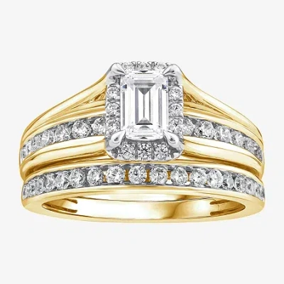 Modern Bride (g / Si1-si2) Womens 1 1/2 Ct. T.w. Lab Grown White Diamond 10k Gold Side Stone Halo Bridal Set In Yellow
