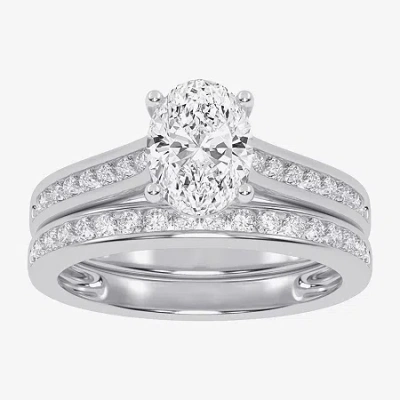 Modern Bride (g / Vs2-si1) Womens 1 1/2 Ct. T.w. Lab Grown White Diamond 10k Gold Oval Side Stone Bridal Set In Metallic
