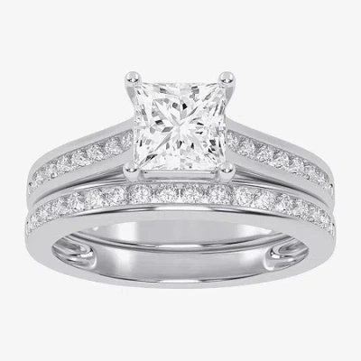 Modern Bride (g / Vs2-si1) Womens 1 1/2 Ct. T.w. Lab Grown White Diamond 10k Gold Side Stone Bridal Set In Silver
