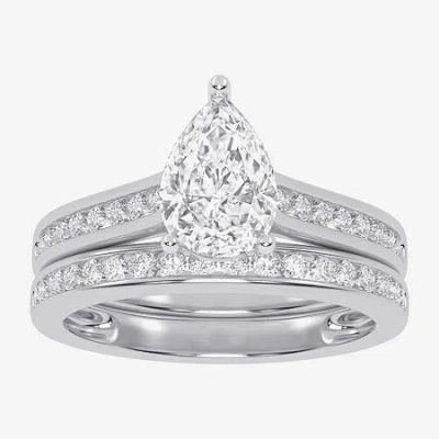 Modern Bride (g / Vs2-si1) Womens 1 1/2 Ct. T.w. Lab Grown White Diamond 10k White Gold Pear Side Stone Bridal Se In Silver
