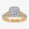 Modern Bride (g / Vs2-si1) Womens 1 Ct. T.w. Lab Grown White Diamond 10k Gold Cushion Side Stone Halo Bridal Set In Gold
