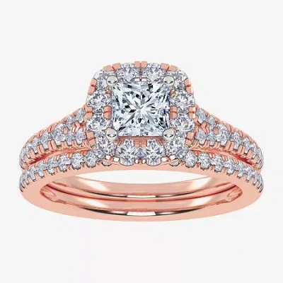 Modern Bride (g / Vs2-si1) Womens 1 Ct. T.w. Lab Grown White Diamond 10k Rose Gold Cushion Side Stone Halo Bridal In Pink