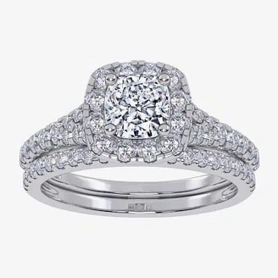Modern Bride (g / Vs2-si1) Womens 1 Ct. T.w. Lab Grown White Diamond 10k White Gold Cushion Side Stone Halo Brida In Silver