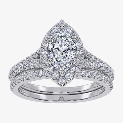 Modern Bride (g / Vs2-si1) Womens 1 Ct. T.w. Lab Grown White Diamond 10k White Gold Marquise Side Stone Halo Brid