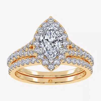 Modern Bride (g / Vs2-si1) Womens 1 Ct. T.w. Lab Grown White Diamond 10k White Gold Marquise Side Stone Halo Brid