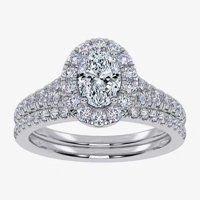 Modern Bride (g / Vs2-si1) Womens 1 Ct. T.w. Lab Grown White Diamond 10k White Gold Oval Side Stone Halo Bridal S In Silver