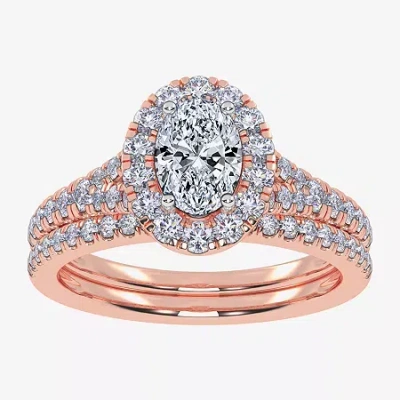 Modern Bride (g / Vs2-si1) Womens 1 Ct. T.w. Lab Grown White Diamond 10k White Gold Oval Side Stone Halo Bridal S In Pink