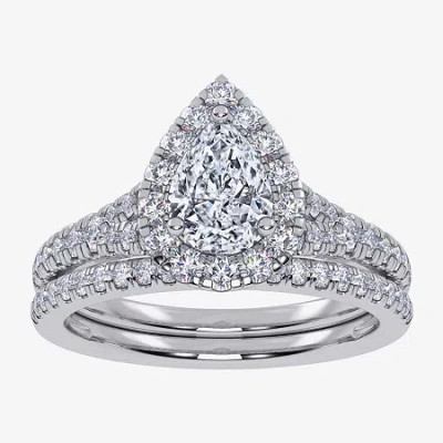 Modern Bride (g / Vs2-si1) Womens 1 Ct. T.w. Lab Grown White Diamond 10k White Gold Pear Side Stone Halo Bridal S In Silver