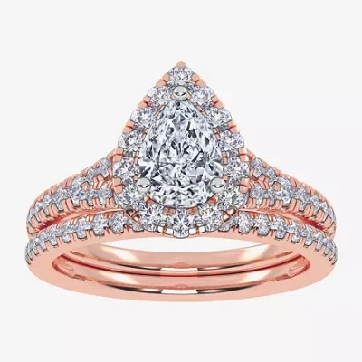 Modern Bride (g / Vs2-si1) Womens 1 Ct. T.w. Lab Grown White Diamond 10k White Gold Pear Side Stone Halo Bridal S In Pink