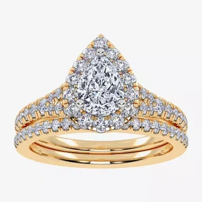 Modern Bride (g / Vs2-si1) Womens 1 Ct. T.w. Lab Grown White Diamond 10k White Gold Pear Side Stone Halo Bridal S