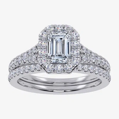 Modern Bride (g / Vs2-si1) Womens 1 Ct. T.w. Lab Grown White Diamond 10k White Gold Side Stone Halo Bridal Set In Silver