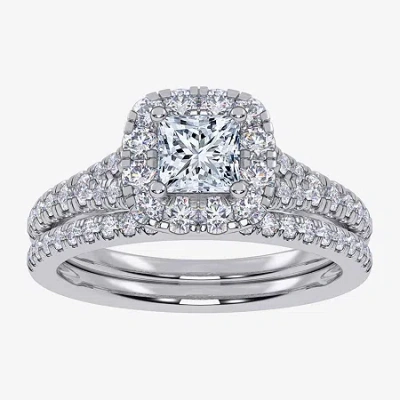 Modern Bride (g / Vs2-si1) Womens 1 Ct. T.w. Lab Grown White Diamond 10k White Gold Side Stone Halo Bridal Set