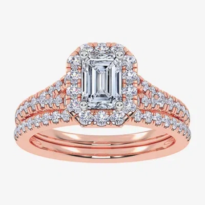 Modern Bride (g / Vs2-si1) Womens 1 Ct. T.w. Lab Grown White Diamond 10k White Gold Side Stone Halo Bridal Set In Pink