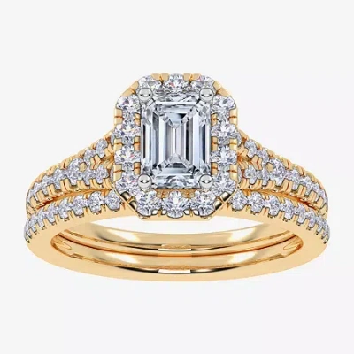 Modern Bride (g / Vs2-si1) Womens 1 Ct. T.w. Lab Grown White Diamond 10k White Gold Side Stone Halo Bridal Set