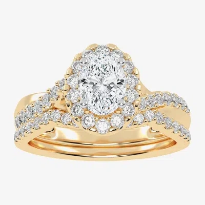 Modern Bride (g / Vs2-si1) Womens 1 Ct. T.w. Lab Grown White Diamond 14k Gold Oval Side Stone Halo Engagement Rin